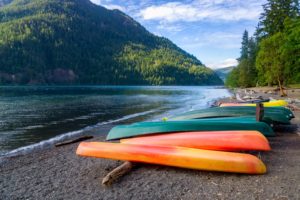 Kayaks on Lake Crescent Beach in Washingont