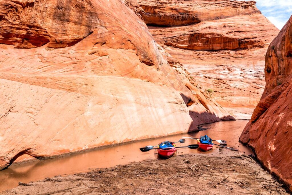 Kayaks on the edge of Lake Powell in Page, Arizona